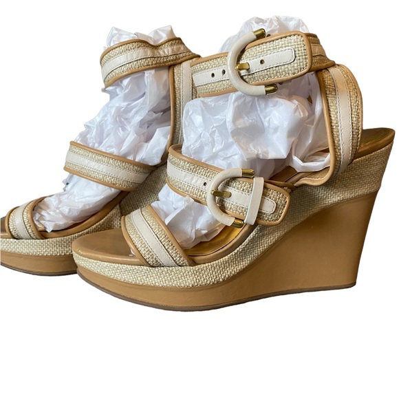COACH tan and cream woven straw wedge platforms with ankle strap - maralee style - Picture 2 of 11